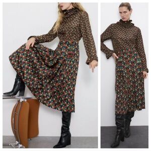 ZARA Toffee Printed Pleated Skirt | Sz S | Elegant Midi Skirt | Wardrobe Staple